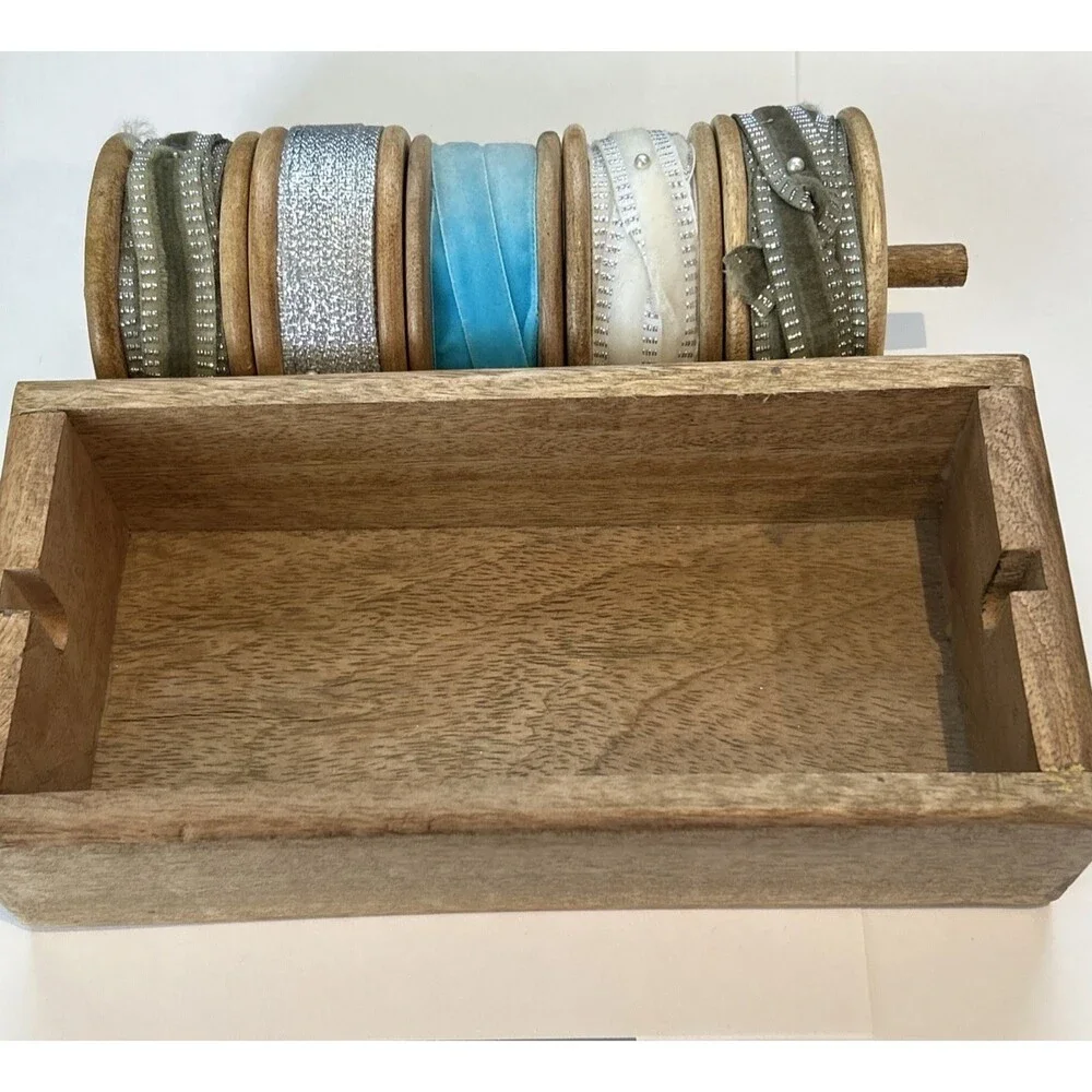 Wooden Box Ribbon Trim Dispenser Storage Rustic 5 Spool